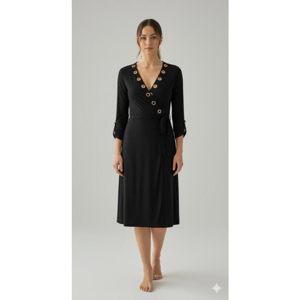 Calvin Klein Women's Black Wrap Dress with Gold Buttons Size 4